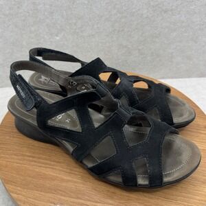 Mephisto Suede Wedge Sandals Size 39 Black Strappy Comfort Minimalist orthopedic